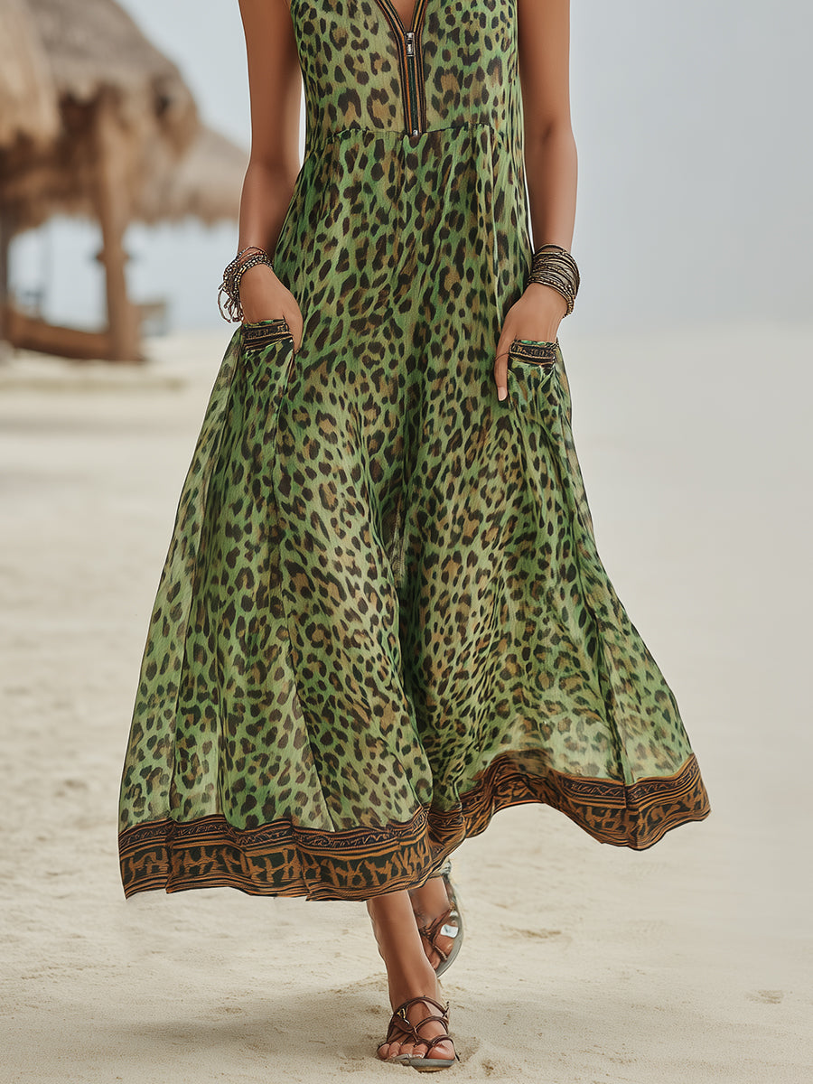 Retro Casual Green Leopard Print Chiffon Hooded Midi Dress