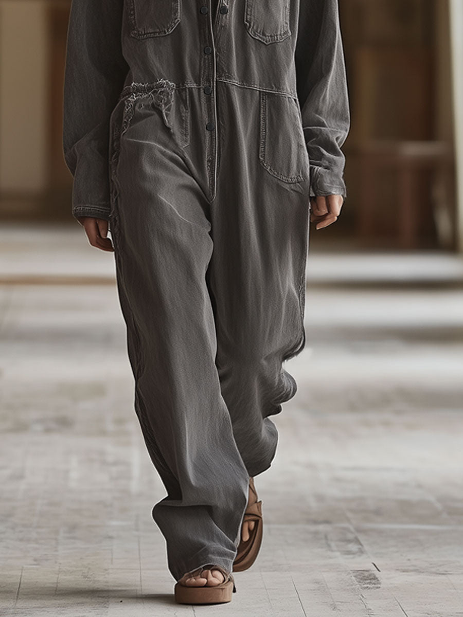 Casual Loose Retro Graphite Gray Denim Ripped Long Sleeve Hooded Jumpsuit