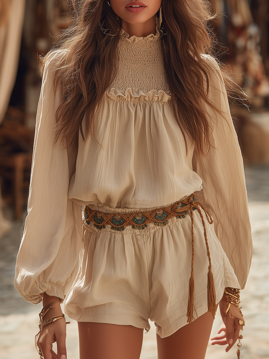 Romantic Bohemian Style Beige Cotton And Linen Top And Shorts Set
