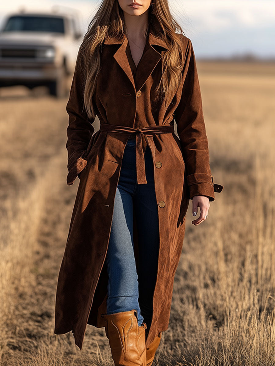 Western Vintage Caramel Suede Lace-Up Long Coat