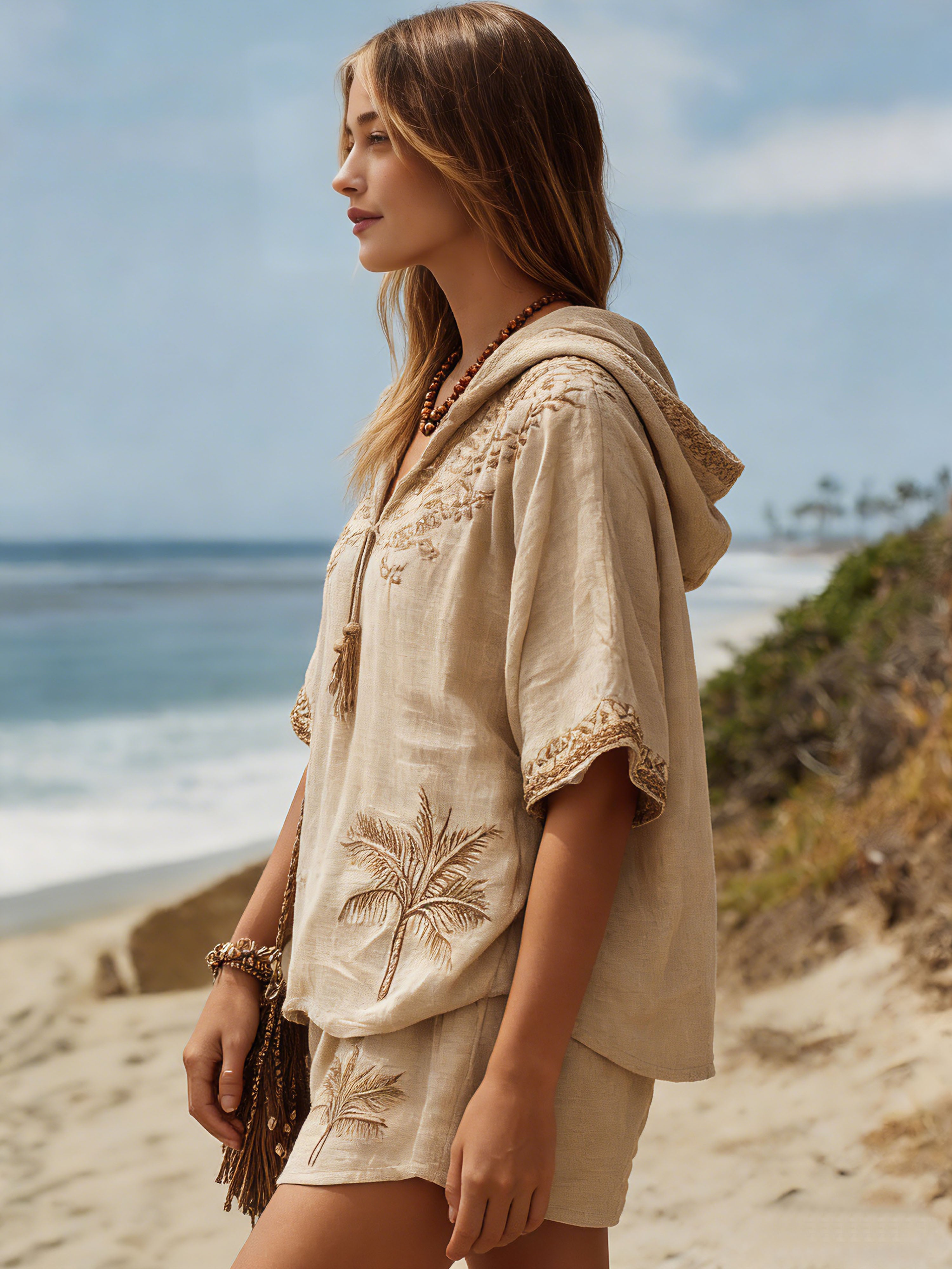 Resort-Style Cotton-Linen Hooded Khaki Mid-Sleeve Embroidered Shorts Set