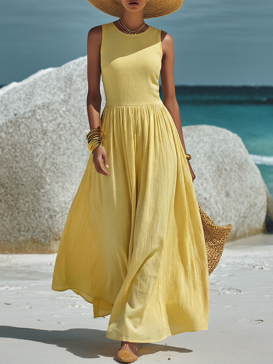Minimalist Sleeveless Yellow Cotton Linen Maxi Dress