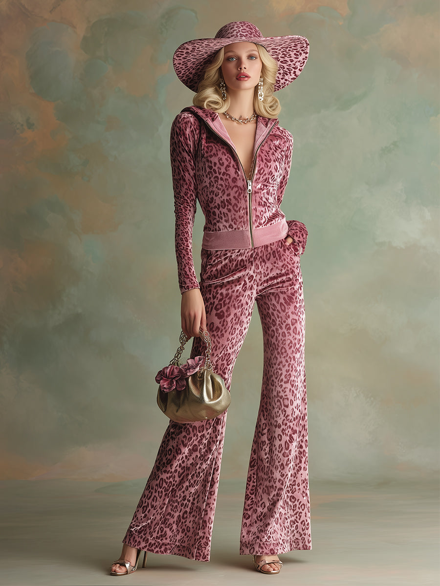 Elegant Sporty Pink Leopard Print Velvet Front Zip Top Flared Pants Set