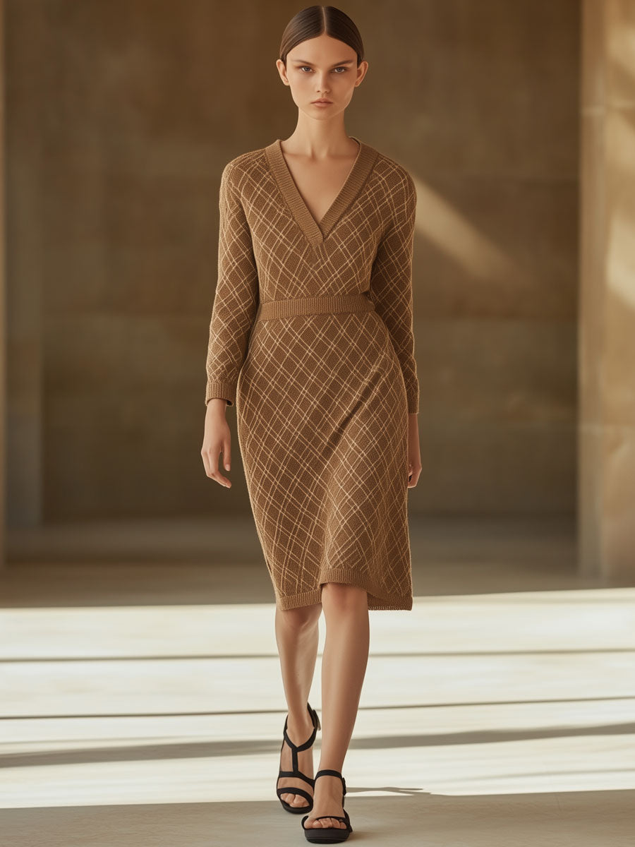 Vintage Camel Knit V-Neck Diamond Check Long Sleeve Mini Dress