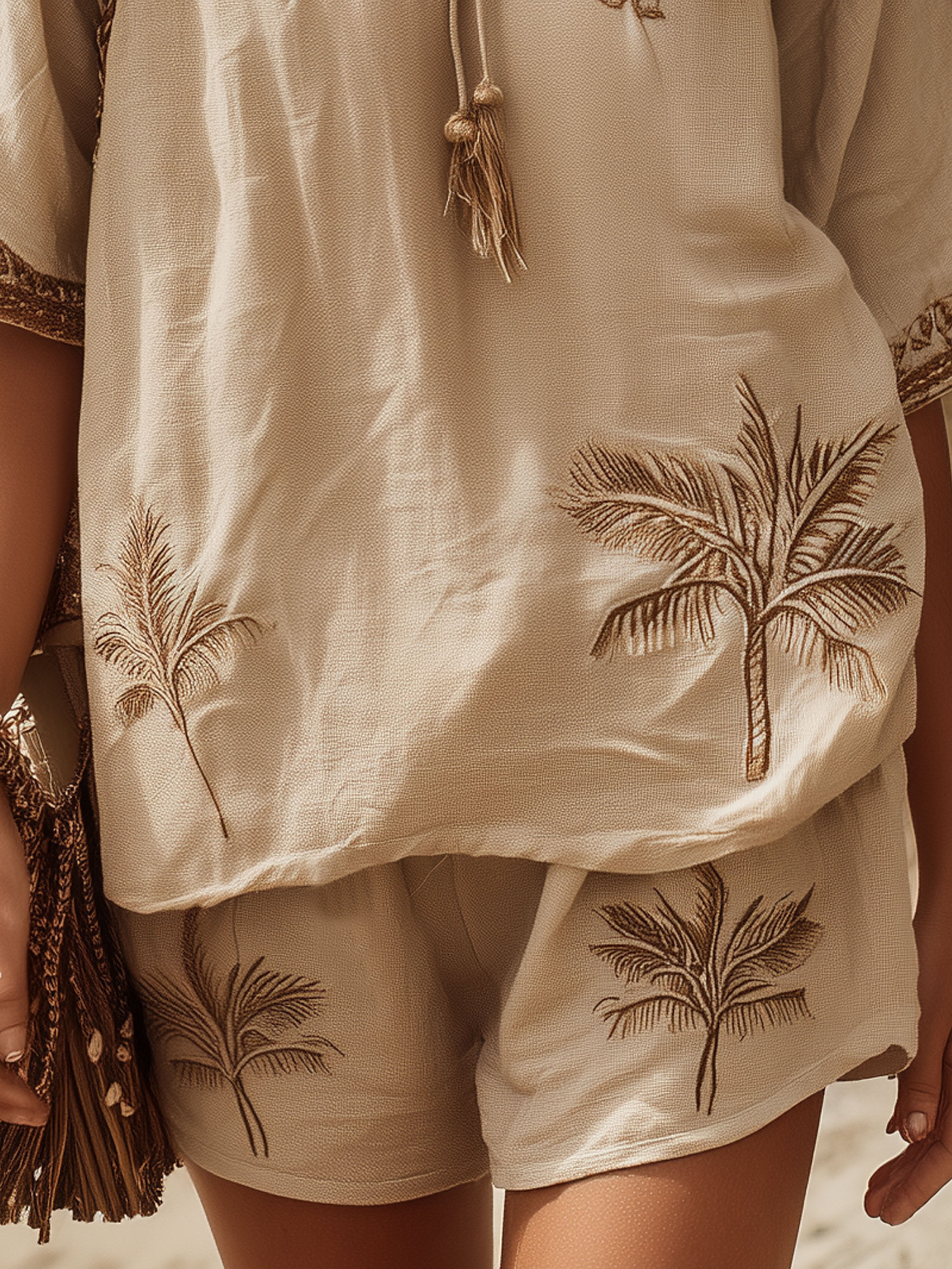 Resort-Style Cotton-Linen Hooded Khaki Mid-Sleeve Embroidered Shorts Set