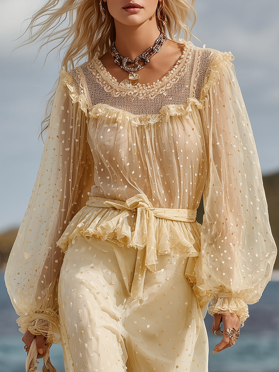 Fresh And Vacation-style Light Yellow Polka Dot Chiffon Top And Pants Set