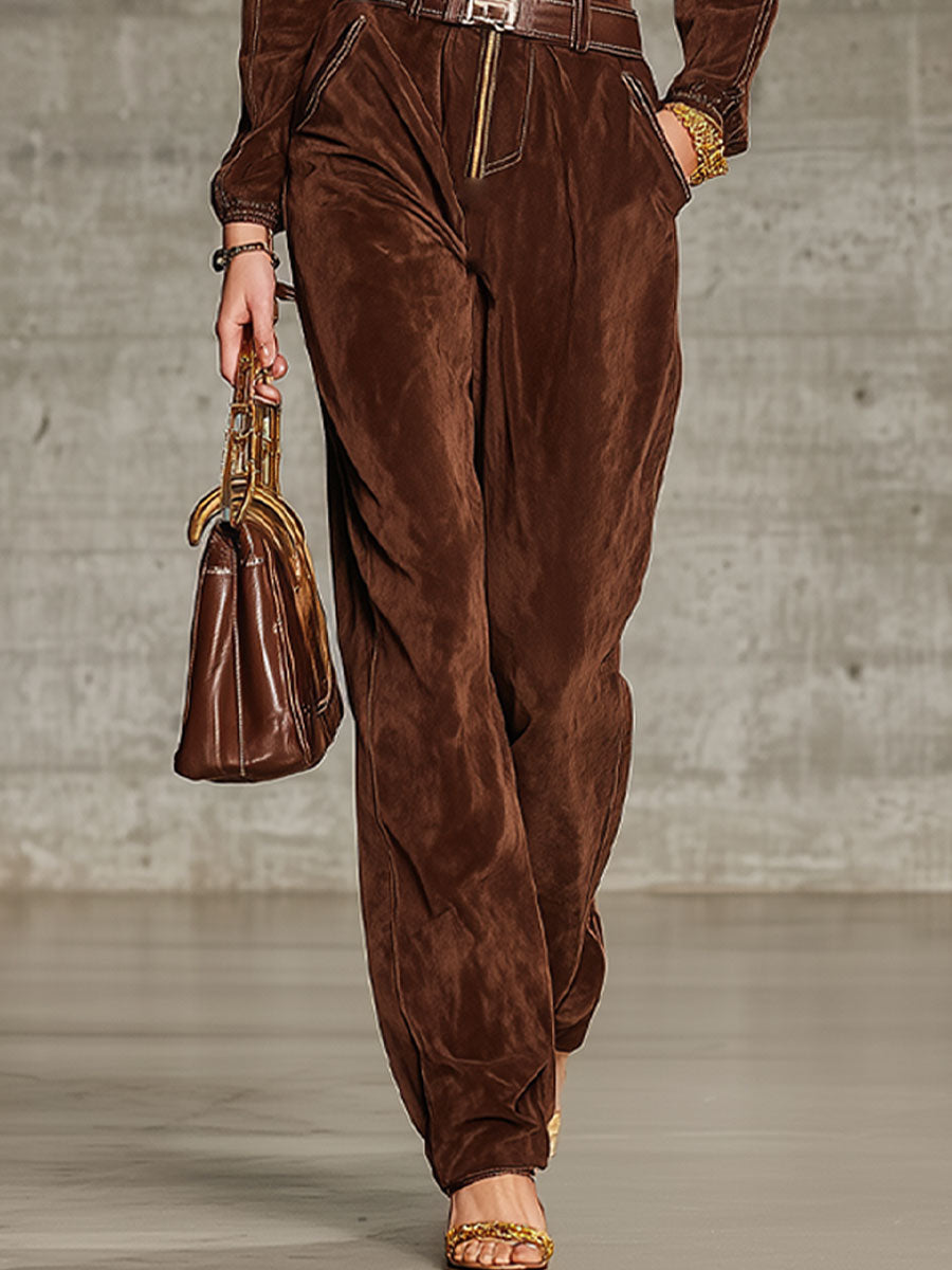 Fashionable And Casual Cocoa Brown Faux Suede Long-Sleeved Hooded Waisted Jumpsuit