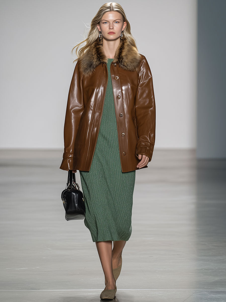 Casual Vintage Brown Faux Fur Collar Jacket