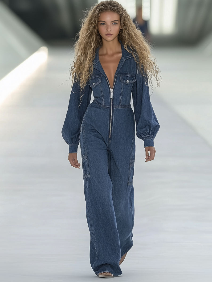 Fashion Street Blue Washed Zipper Lapel Puff Sleeve Jumpsuit