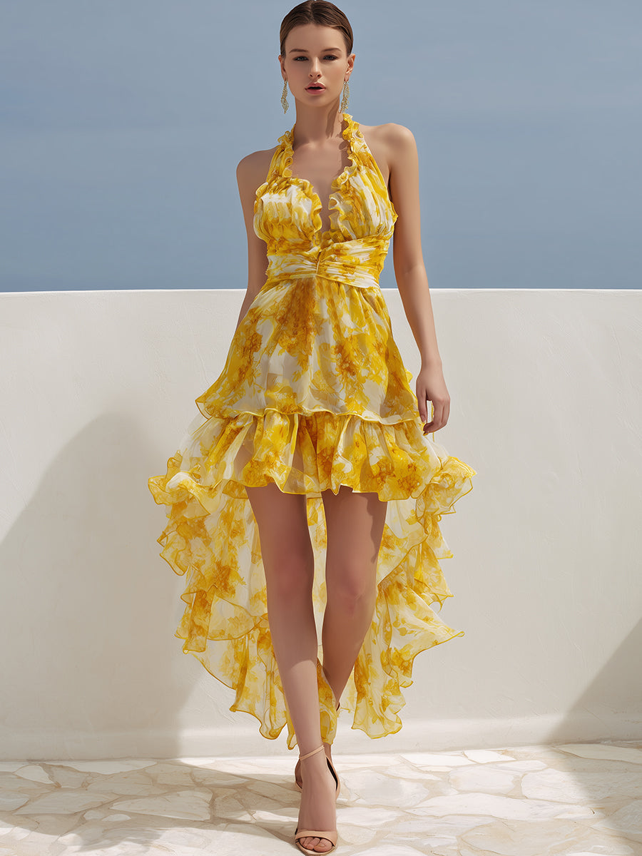 Luxury Resort Sunflower Yellow Watercolor Print Chiffon Ruffled High-low Maxi Dress