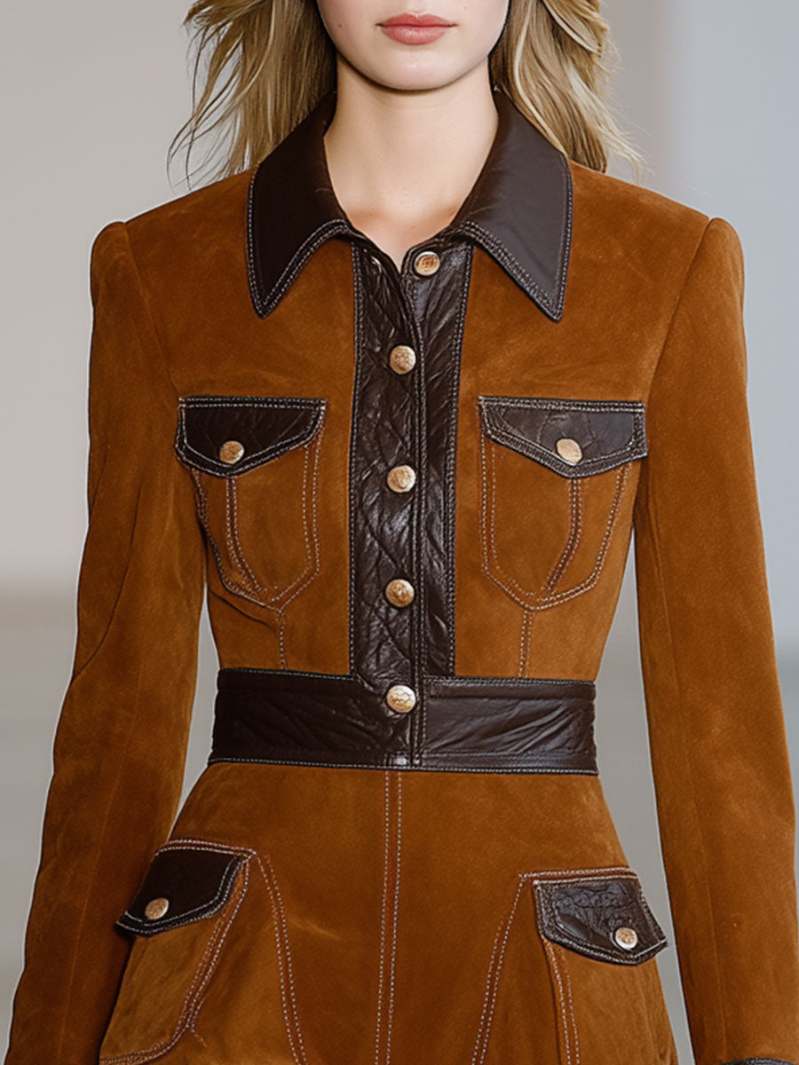 Vintage Lapel Faux Suede And Faux Leather Midi Dress