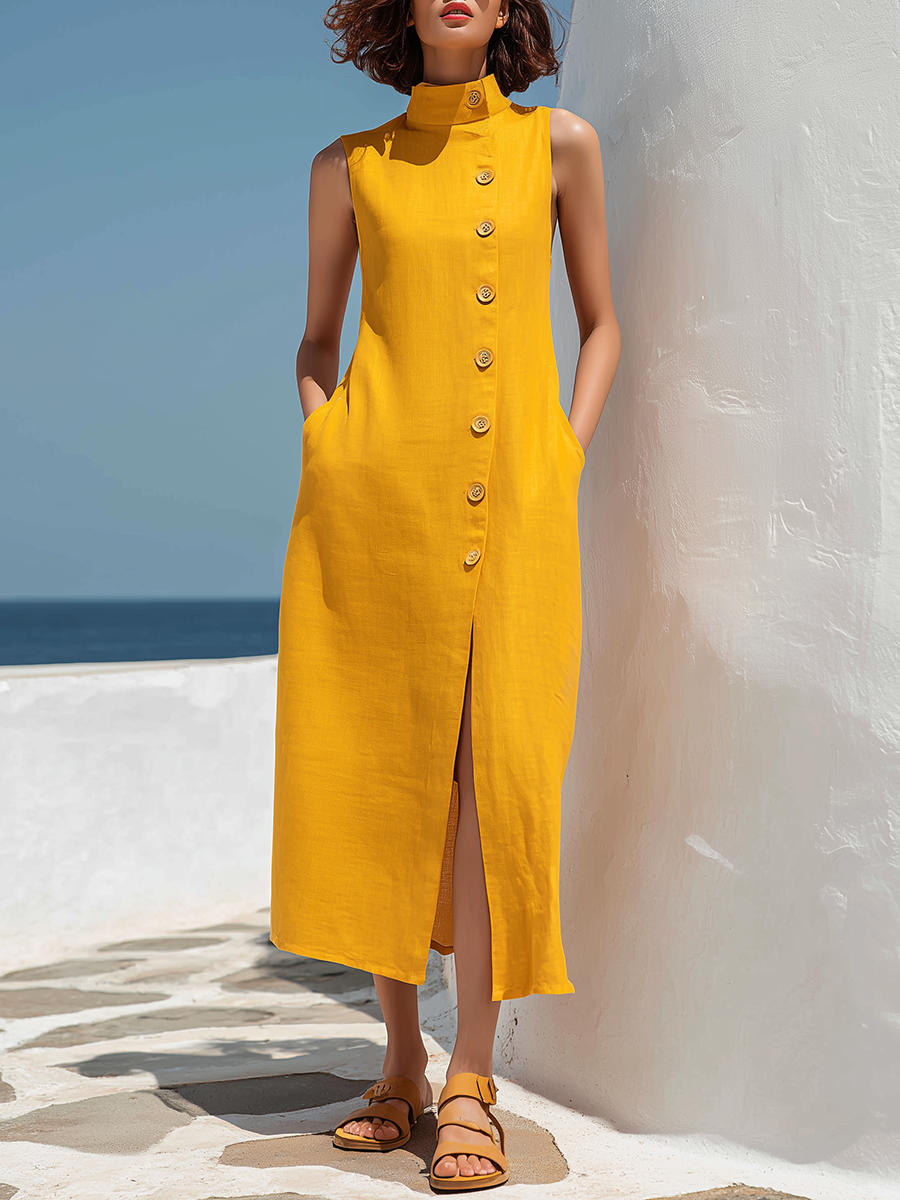 Yellow Button-down Turtleneck Sleeveless Maxi Dress