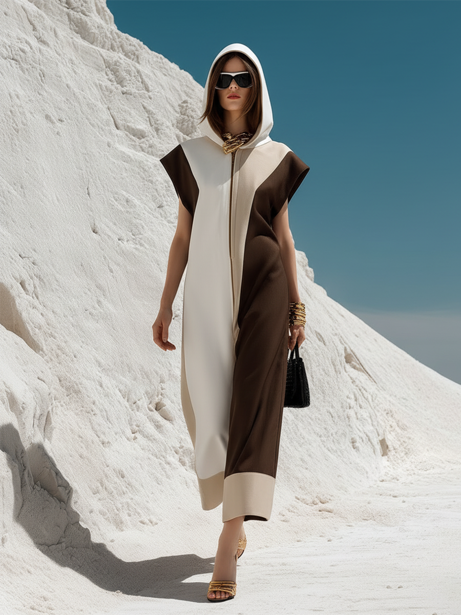 Casual And Stylish Hooded Front Zipper Patchwork Sleeveless Maxi Dress