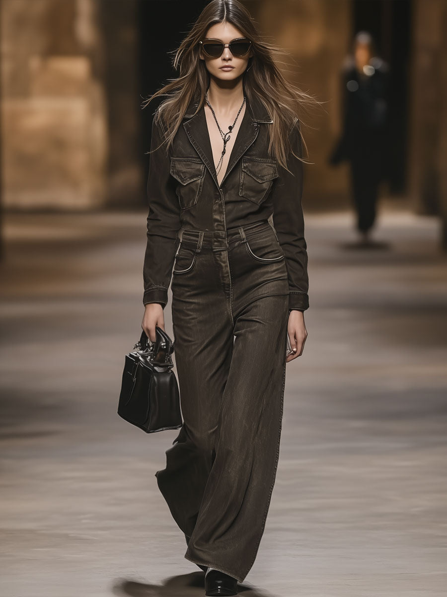 Retro Fashion Brown Washed Denim Lapel Long-Sleeved Jumpsuit