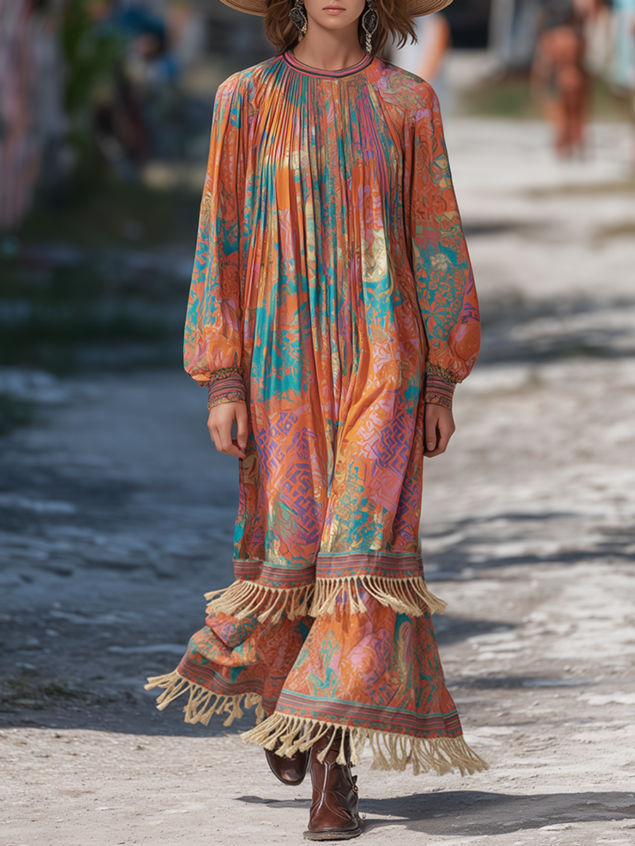 Loose-fitting Bohemian Print Tassel-trimmed Chiffon Maxi Dress
