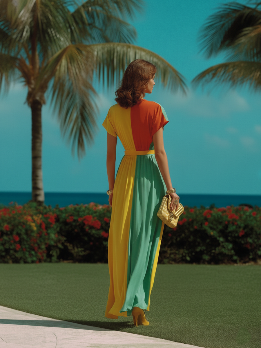 Vacation-style Color-blocked Patchwork Maxi Dress