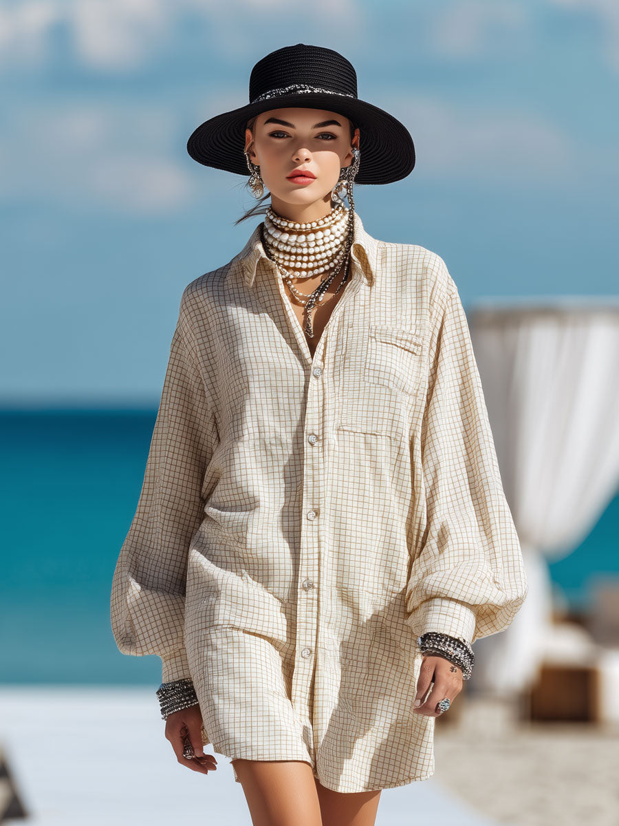 Vintage Loose Khaki Plaid Long Sleeve Shirt Mini Dress