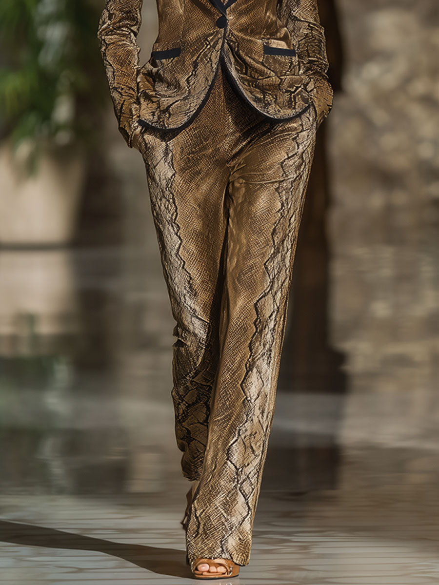 Vintage Brown Velvet Snake Print Blazer Straight Pants Set