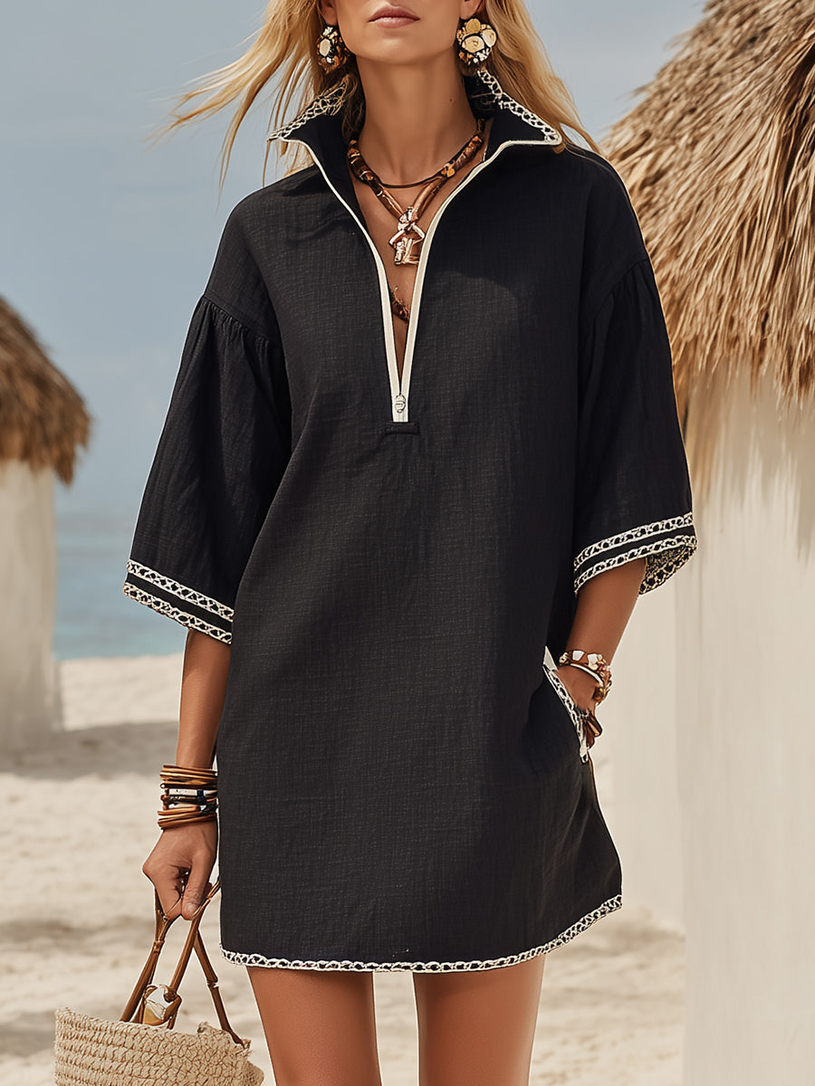 Nautical Vacation White Lace Trim Black Cotton Linen Half-zip Short-sleeved Mini Dress