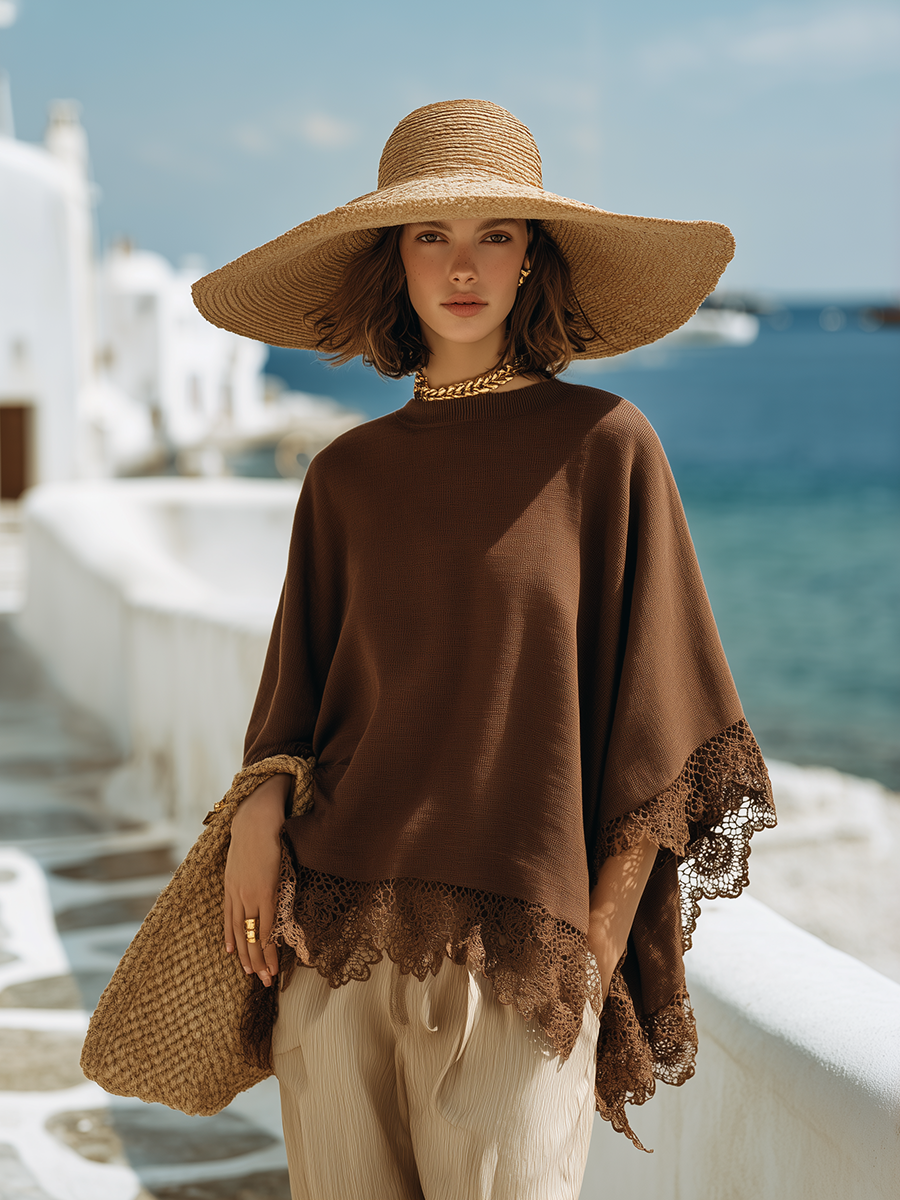 Loose And Stylish Lace Trim BrownTop