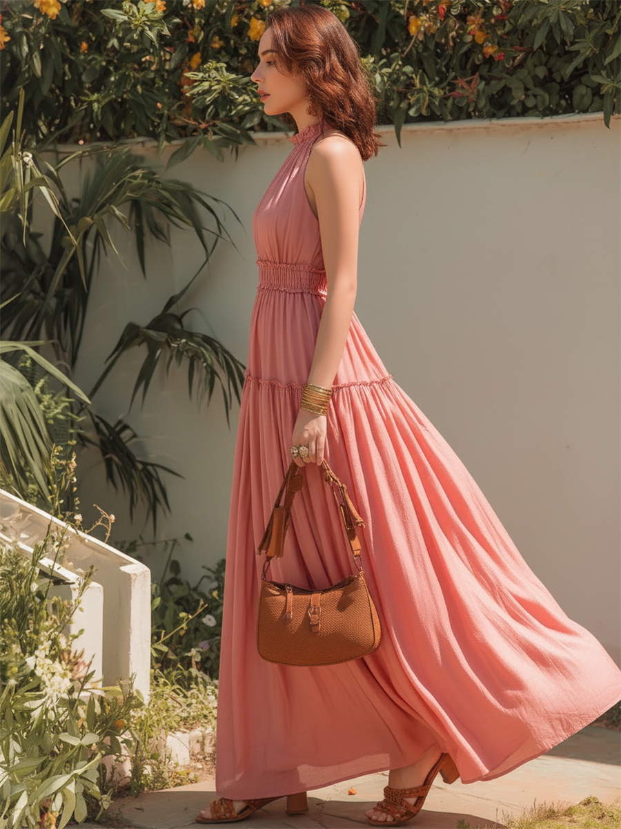 Vacation-style Pink Sleeveless Maxi Dress