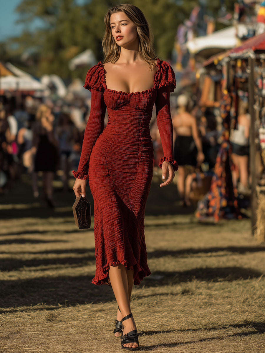 Retro Square Neck Ruffle Red Knit Long Sleeve Midi Dress