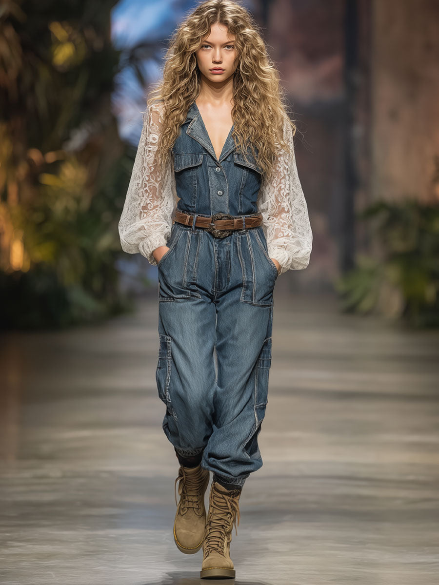 Vintage Blue Washed Denim Lace Paneled Waist Long-Sleeved Jumpsuit