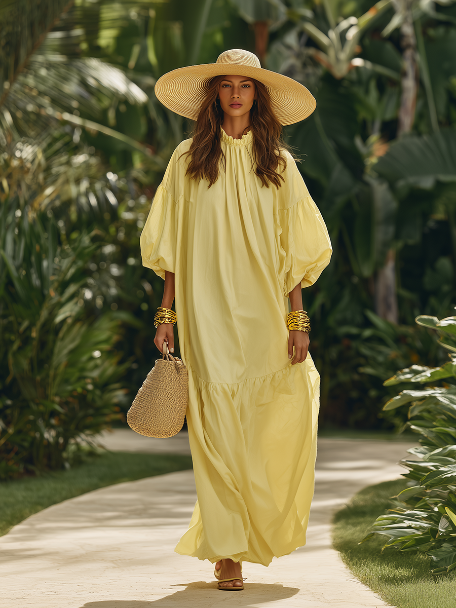 Casual Vacation Yellow Cotton Short-sleeved Maxi Dress