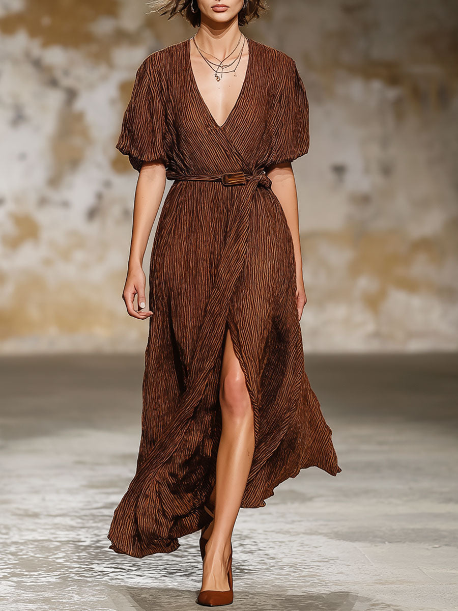 Retro V-Neck Chocolate Texture Wrinkled Lace-Up Short-Sleeved Maxi Dress