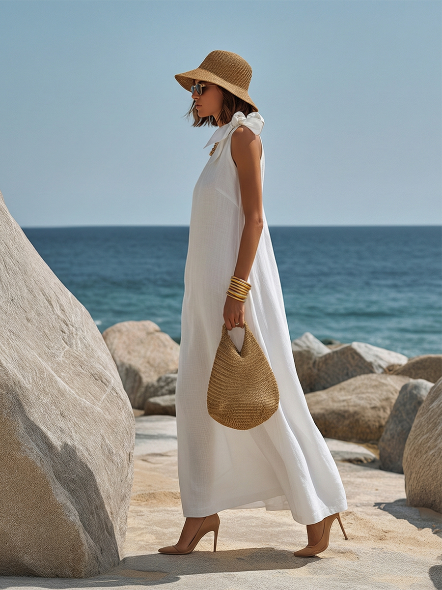 Simple Vacation-style White Cotton-linen Blend Tie-up One-shoulder Maxi Dress
