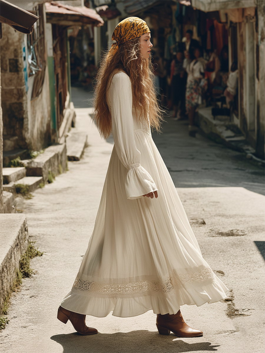 Romantic Bohemian Lace Top With Textured Hem Maxi Dress