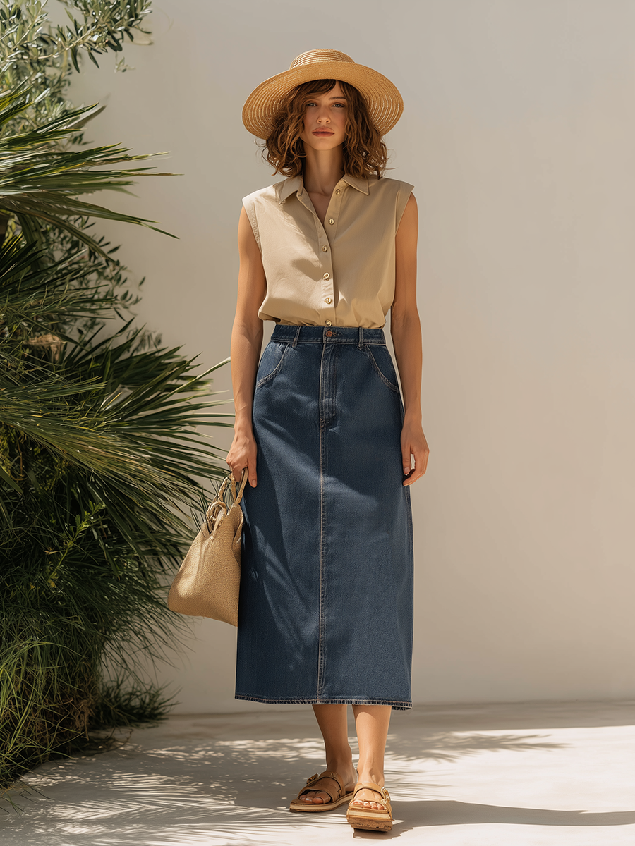 Resort Style Sleeveless Top And Denim Skirt Set