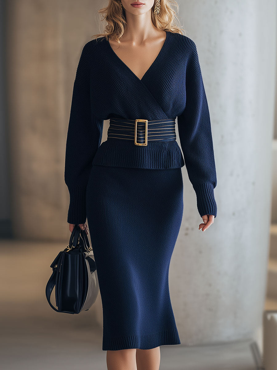 Simple Old Money Style Navy Blue Knitted V-neck Sweater Skirt Suit