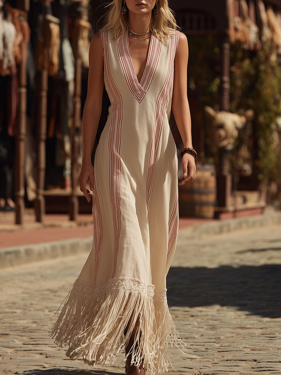 Bohemian Ethnic Style Red Striped Beige Cotton Linen V-neck Tassel Maxi Dress