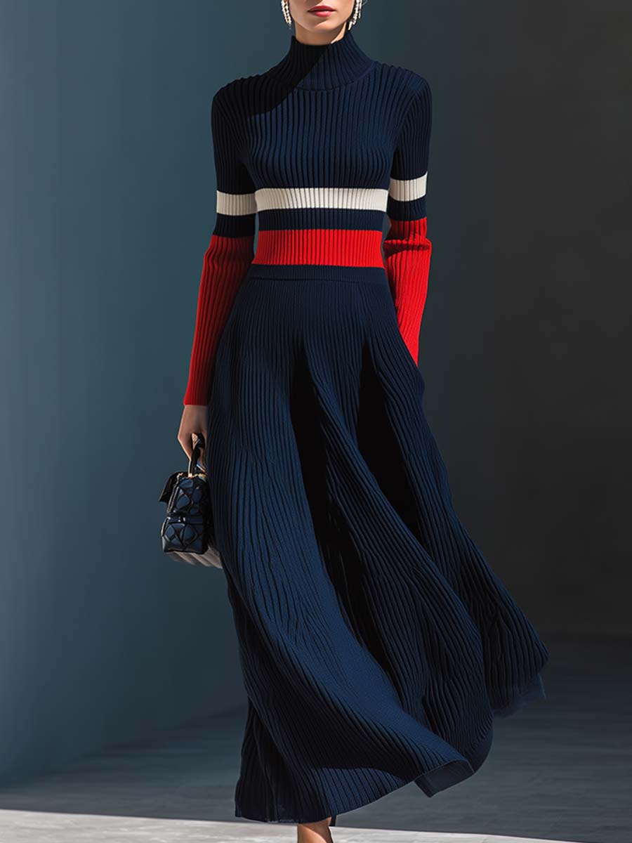 Elegant Contrast Striped Dark Blue Stand Collar Knitted Long Sleeve Maxi Dress