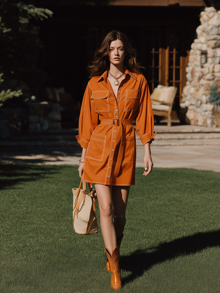 Vacation-style Shirt Collar Long-sleeved Mini Dress