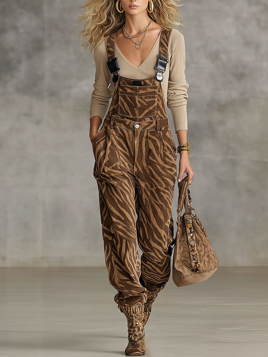Fashion Casual Faux Suede Dark Brown Faux Suede Zebra Print Overalls