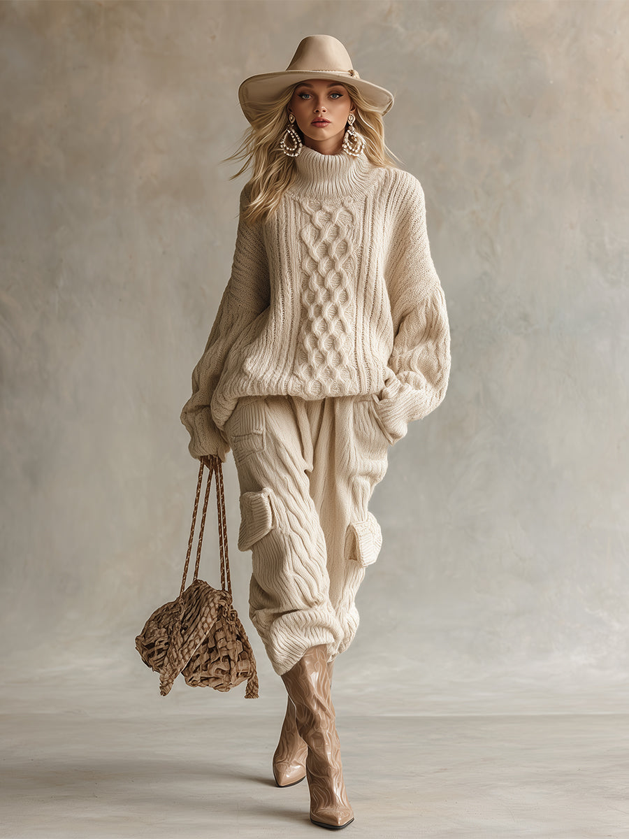 Elegant Loose Turtleneck Off-white Cable Knit Sweater