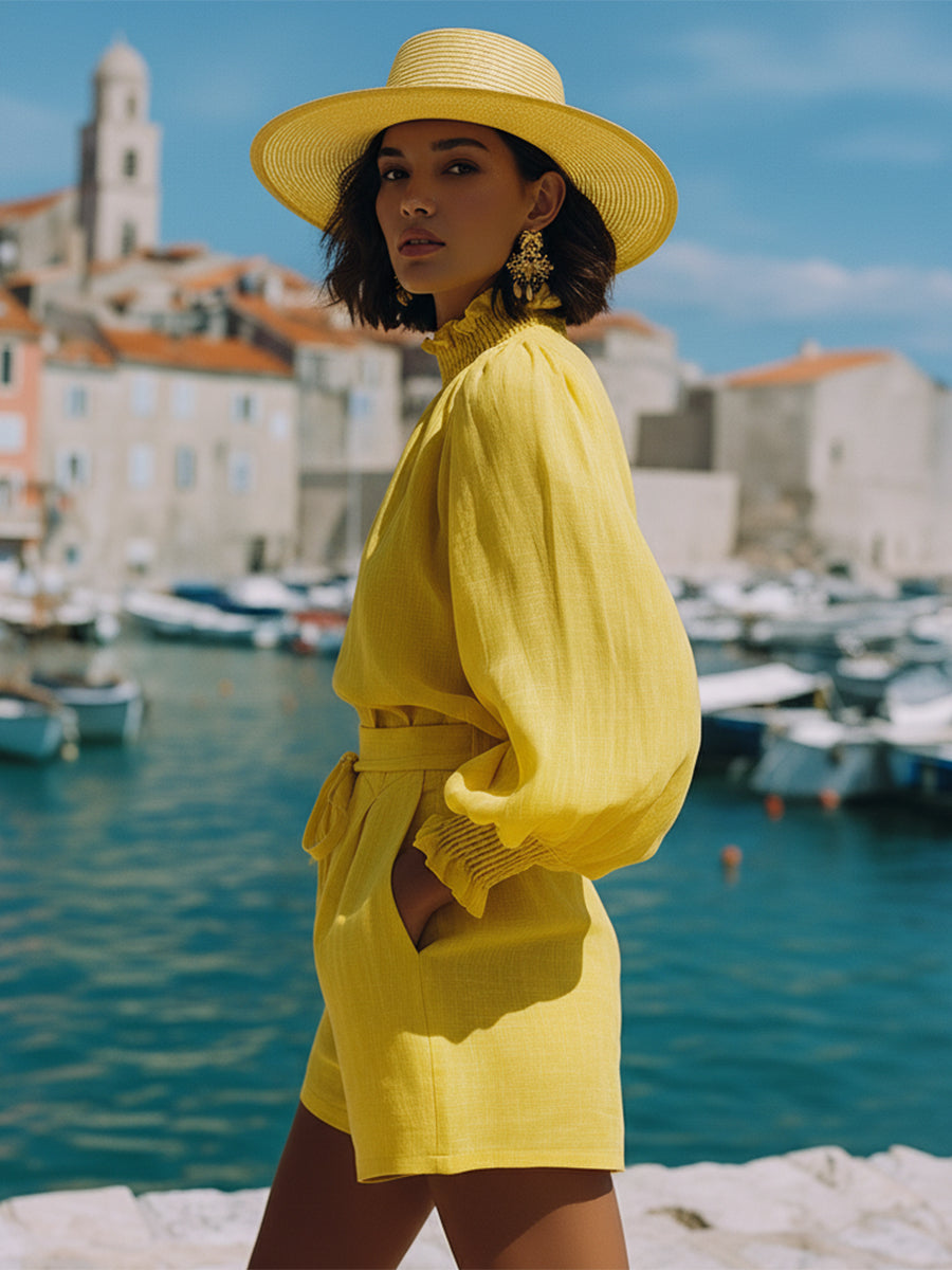 Romantic Bohemian Yellow Cotton Linen Top And Shorts Set