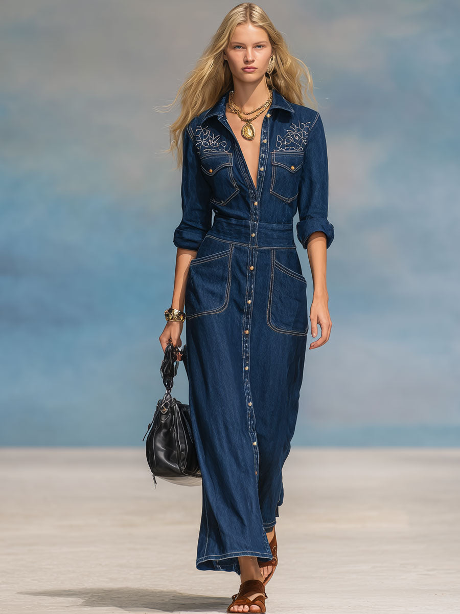 Fashionable Casual Blue Washed Denim Embroidered Long-Sleeved Maxi Dress