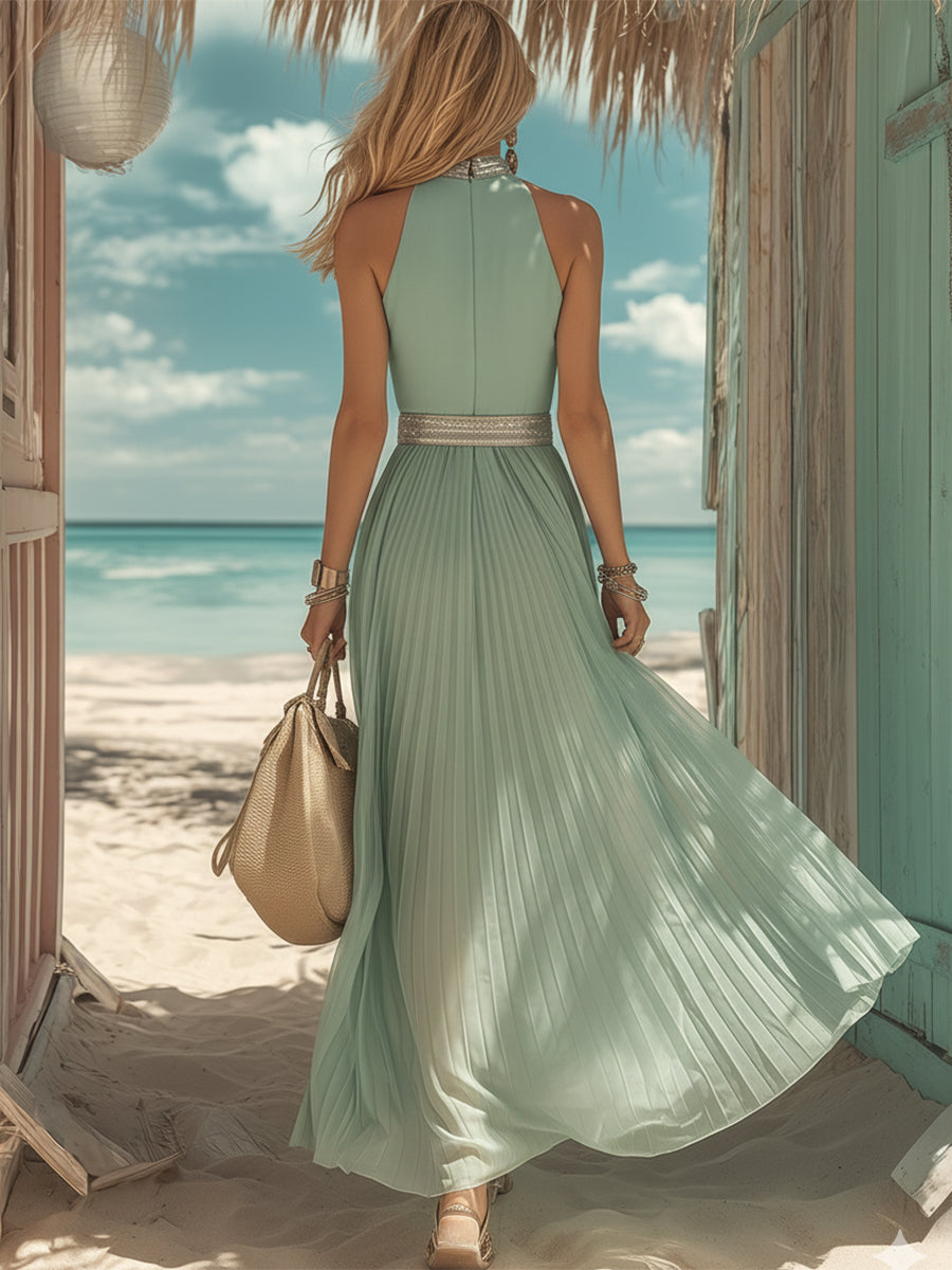 Luxury Resort Sage Green Pleated Chiffon Halter Neck Maxi Dress