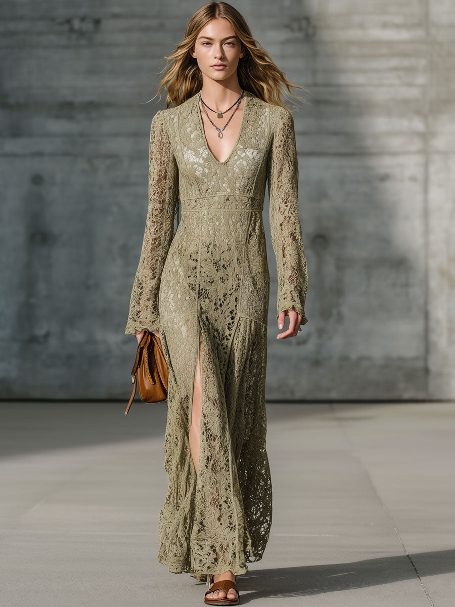 Fashion Retro Olive Green Lace V-Neck Long-Sleeved Slit Maxi Dress