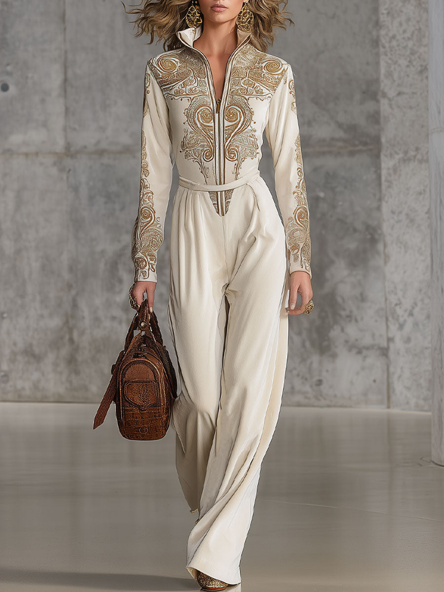 Fashionable And Casual Creamy White Faux Suede Printed Long-Sleeved Lapel Jumpsuit