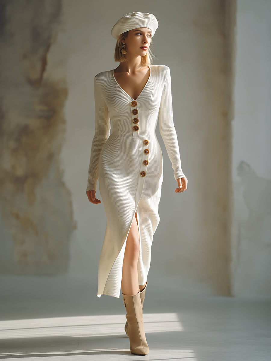 Elegant And Minimalist Cream White V-neck Button-down Knitted Maxi Dress