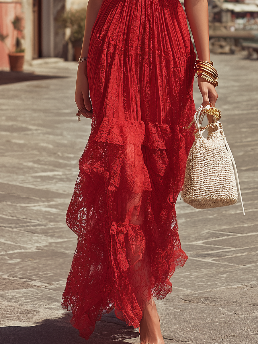 Romantic V-neck Short-sleeved Ruffled Red Lace Maxi Dress