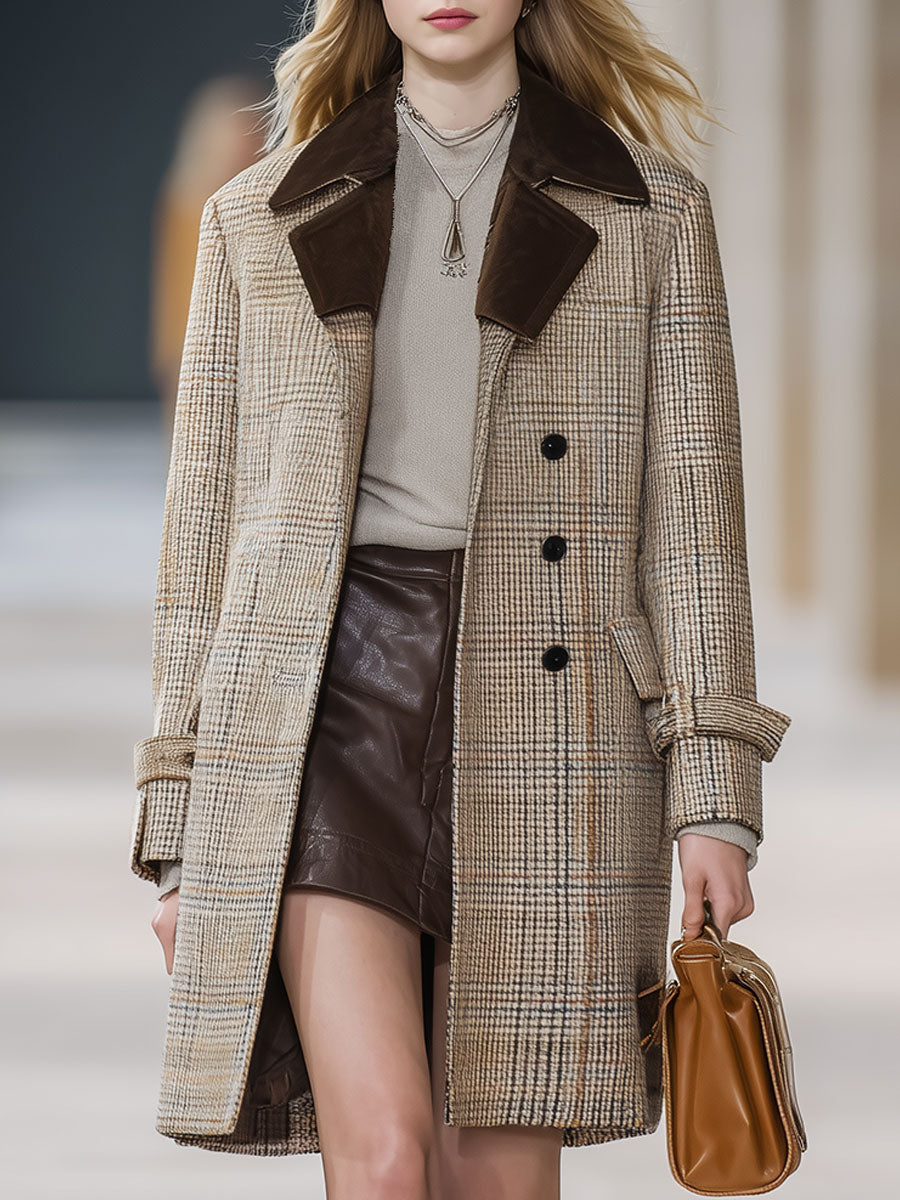 Casual Loose Retro Plaid Wool Patchwork Buttoned Mid-Length Coat