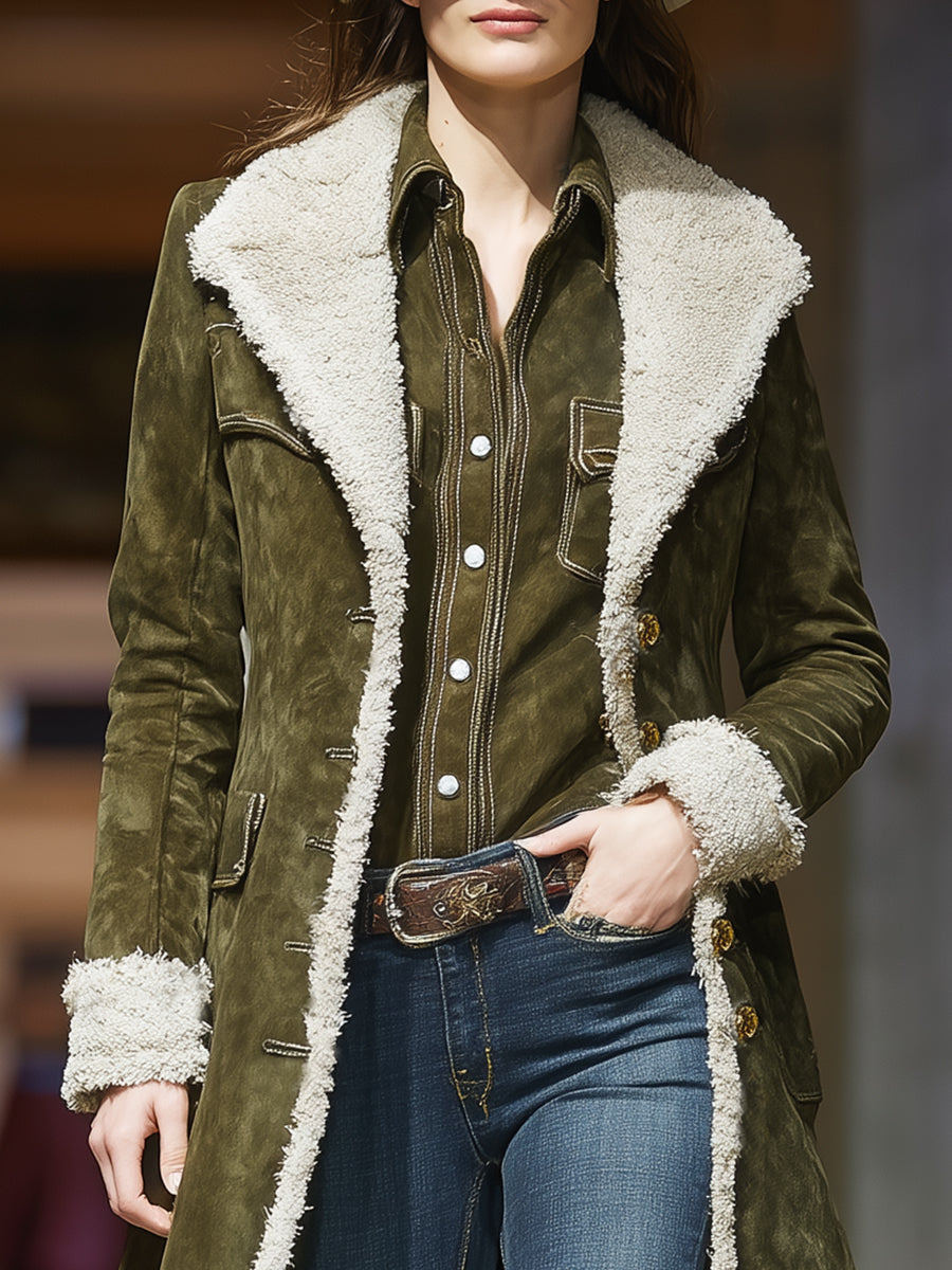 Western Retro Plush Edge Army Green Coat