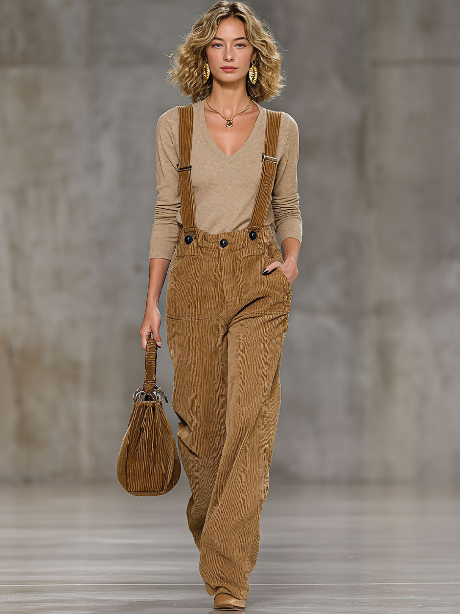 Casual And Fashionable Light Brown Corduroy Adjustable Overalls