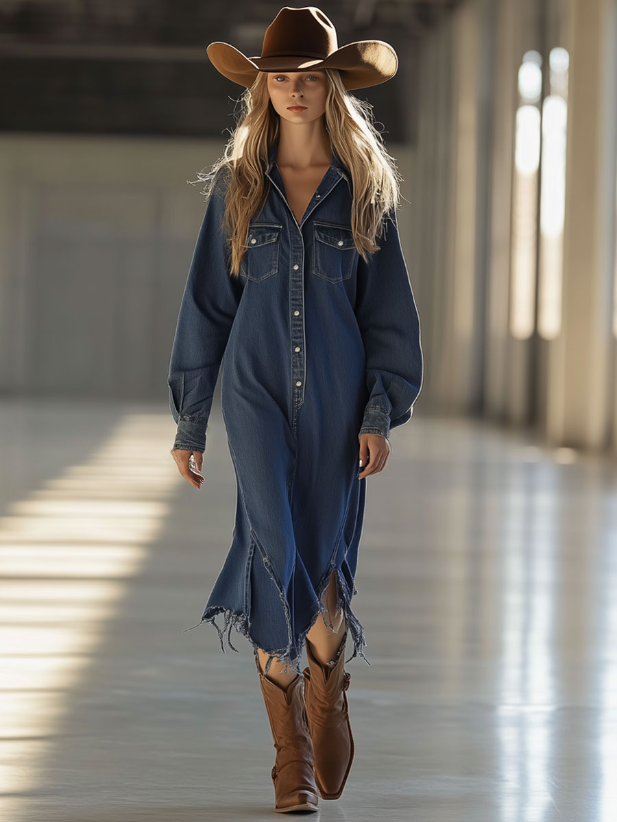 Retro Casual Loose Dark Blue Denim Irregular Raw Edge Midi Dress