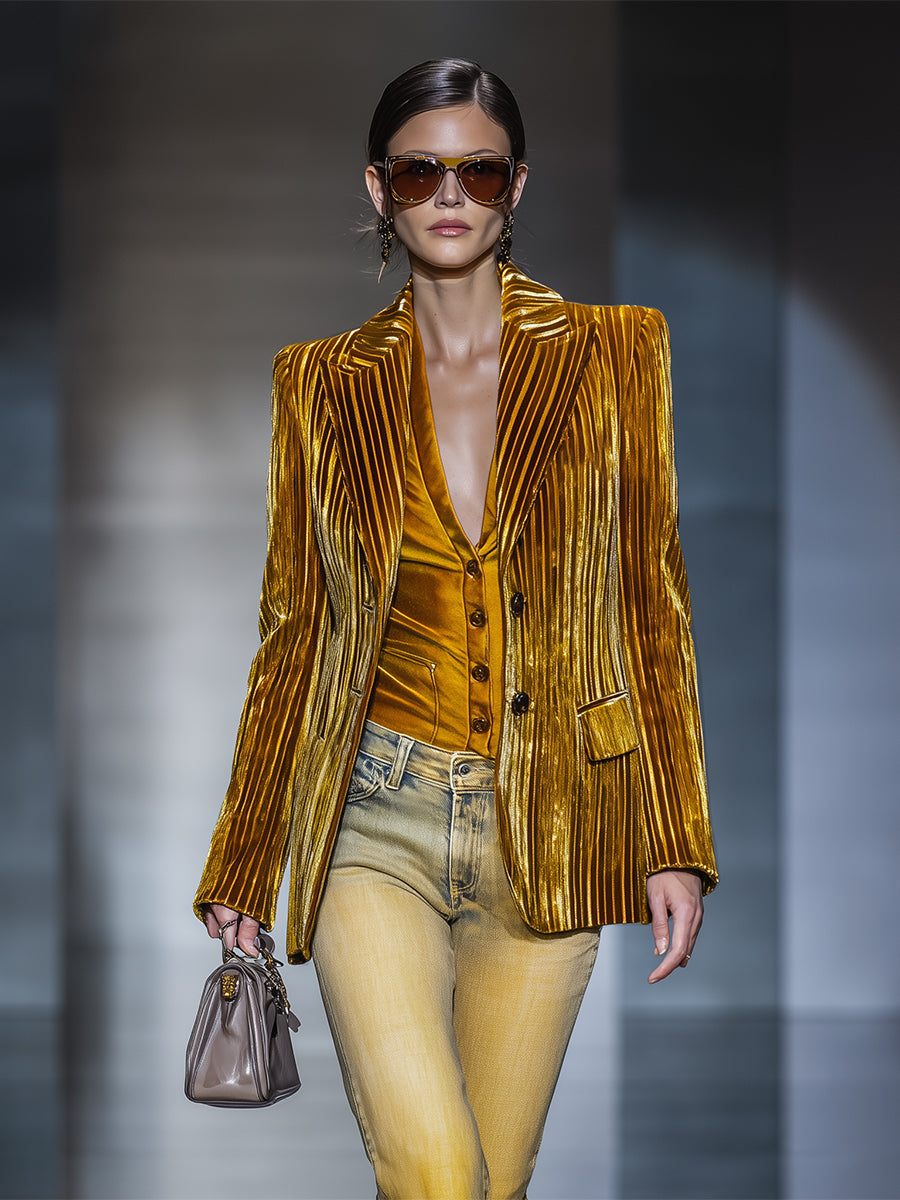 Gold Velvet Textured Suit Jacket
